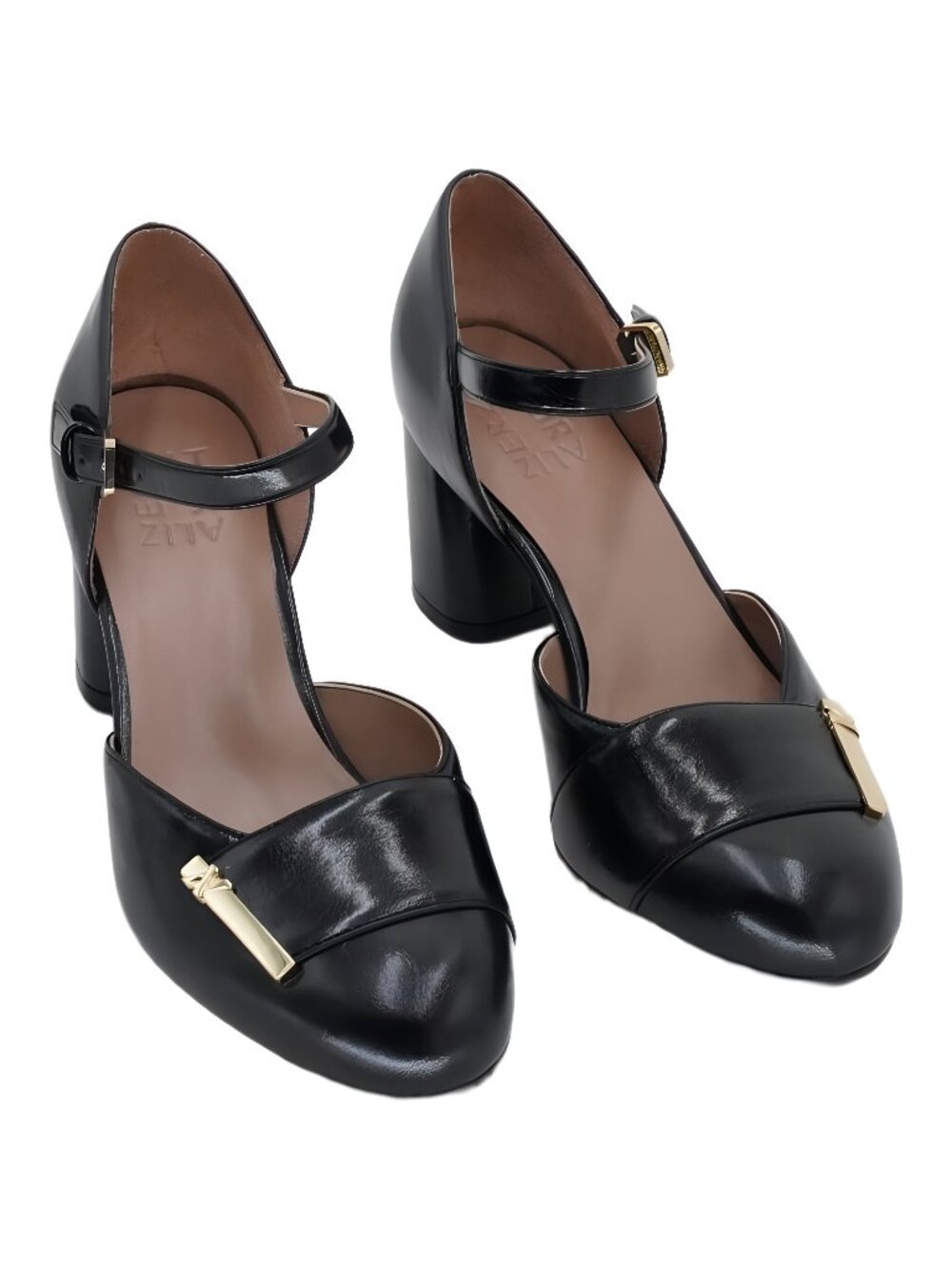 Naturalizer Black Leather Mary Jane Block Heels with Gold Accents